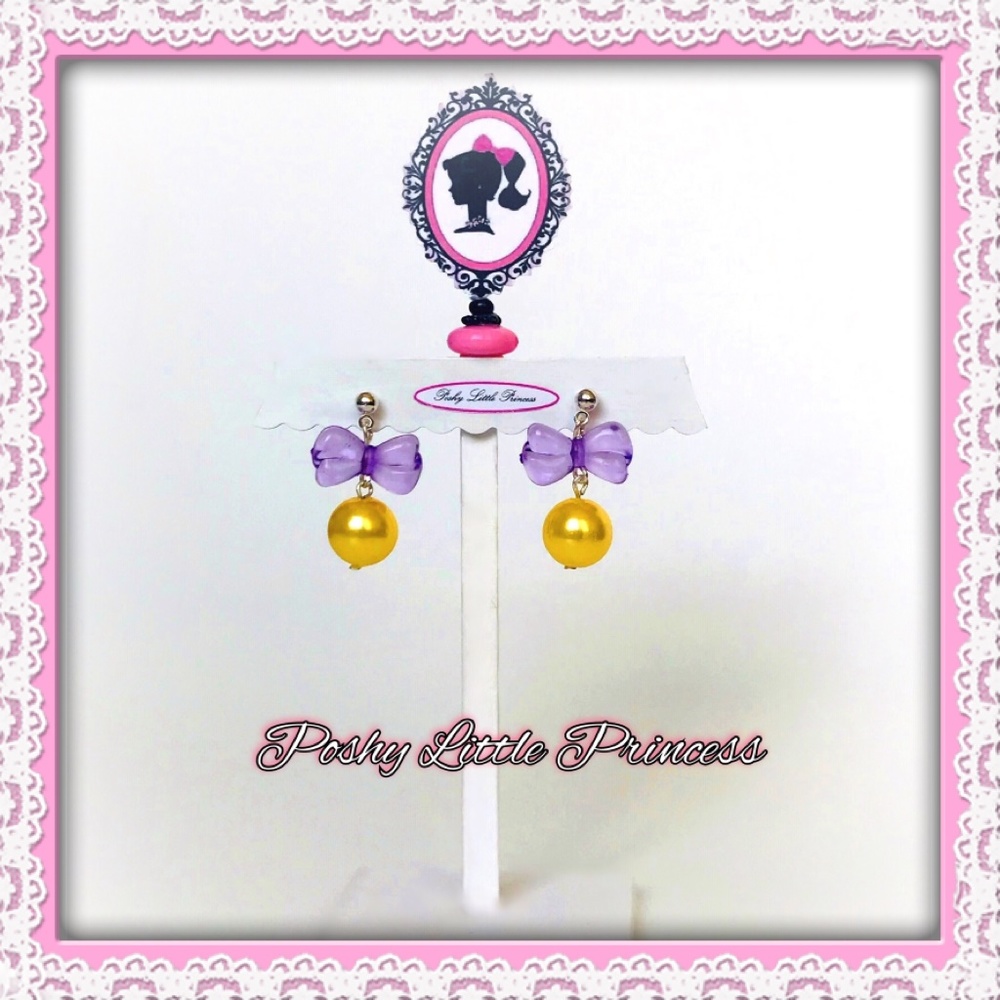 Kawaii Ribbon & Pearl Dangles Purple/Yellow